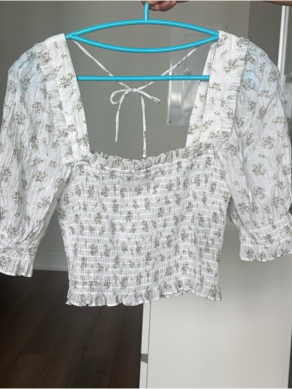 H&M Smocked Square Neck Puff Sleeve Top - White Floral